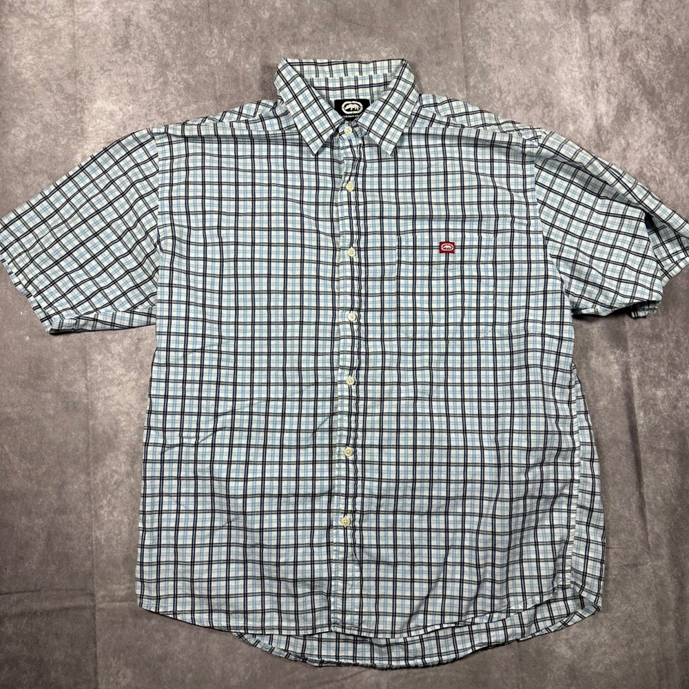 Ecko Unltd Plaid Short Sleeve Shirt Mens XL Blue White Rhino Skater Streetwear